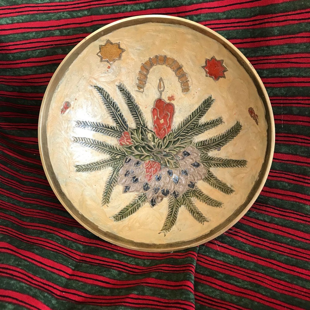 Brass and decorative porcelain bowl. Shallow brass stemmed bowl floral design 7"